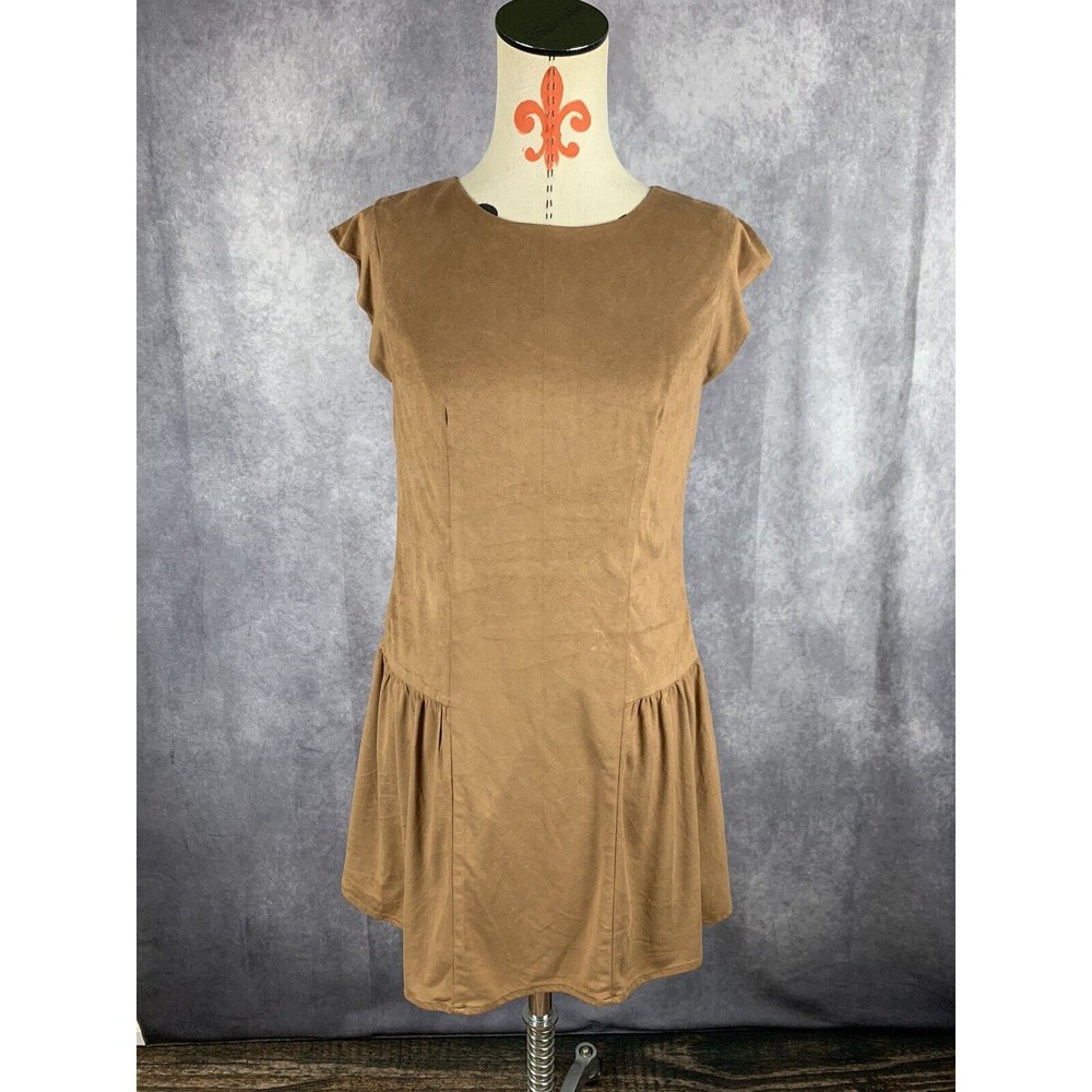 Esley Womens Dress Sz Small S Short Sleeve Lined Pleated Beige Brown Back Zip